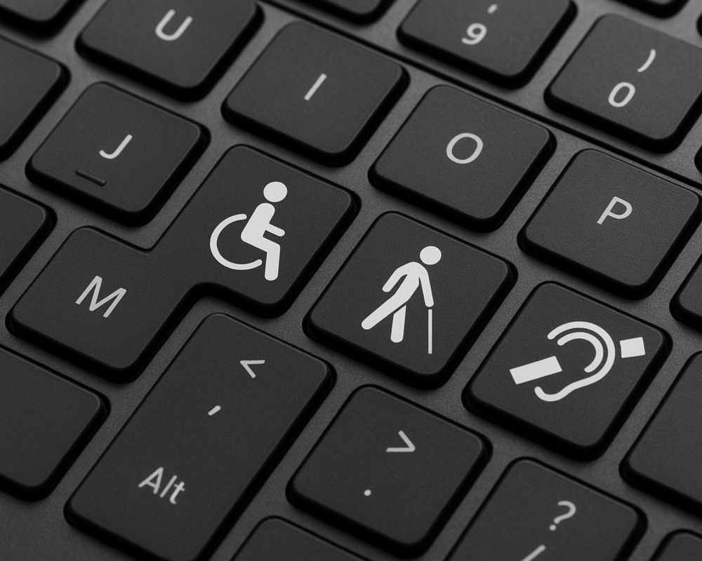 czarna klawiatura, trzy klawisze zostały zastąpione ikonami symbolizującymi osoby z niepełnosprawnościami