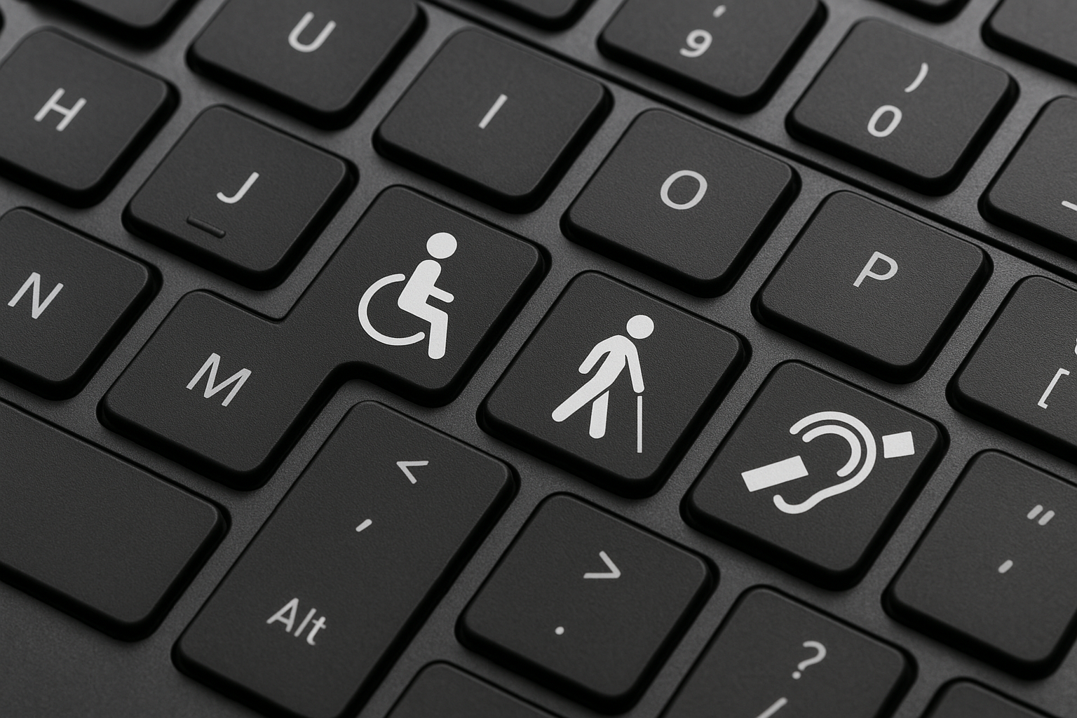 czarna klawiatura, trzy klawisze zostały zastąpione ikonami symbolizującymi osoby z niepełnosprawnościami